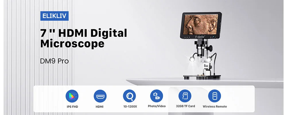 Elikliv EDM9 Pro 1200X HDMI Digital Microscope with 7'' IPS Screen 16MP Coin Soldering Electronic Microscope 32G for Windows Mac