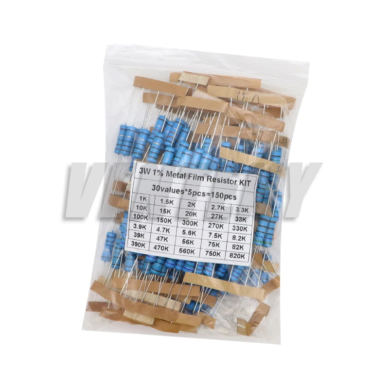 Kit Surtido Resistencias Película Metálica 1% (1/2W, 1W, 2W, 3W, 30 Valores, 1R-820K Ohm) (150/300 Piezas)