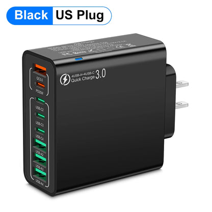Cargador Pared USB 8 Puertos (Total 65W) Carga Rápida (PD Tipo C, QC 3.0) Adaptador para iPhone 14/15 Pro Max/Xiaomi/Samsung