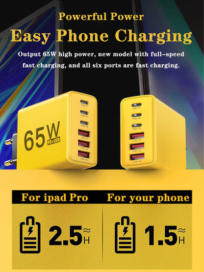 Cargador Pared USB C Múltiple 6 Puertos 65W Carga Rápida Total PD Adaptador Móvil para iPhone 15/16 Pro/Xiaomi/Samsung