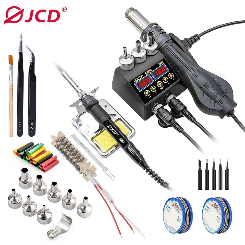 Estación de Soldadura 2 en 1 (Cautín + Pistola Aire Caliente) 750W para Reparación BGA/SMD (Modelo JCD 8898)
