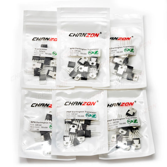 Lote 10 Pcs Transistores Potencia Darlington NPN/PNP TO-220 (TIP120/122/41C/31C/142/127/42C/32C/147)