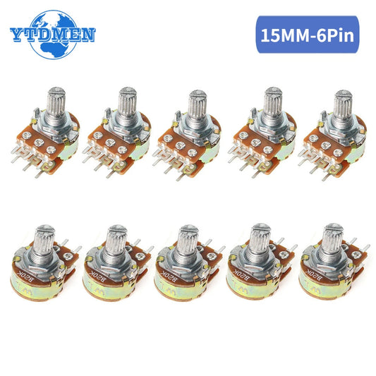 10Pcs WH148 B1K B10K B50K B100K B1M 6Pin Linear Potentiometer 15mm Shaft with Nuts and Washers