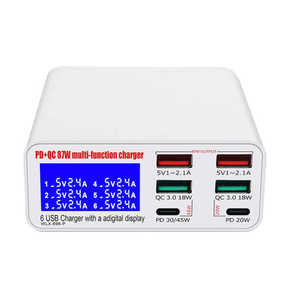 Hub Cargador USB 6 Puertos Carga Rápida con Pantalla LED (Voltaje/Corriente)