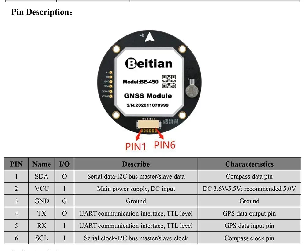 Módulo GPS Beitian BE-450 (M10, TTL, Ultra Bajo Consumo, con Compás y Flash, LED PPS) para Drones/Vehículos