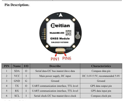 Módulo GPS Beitian BE-450 (M10, TTL, Ultra Bajo Consumo, con Compás y Flash, LED PPS) para Drones/Vehículos