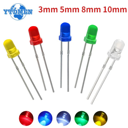 Kit Surtido Diodos LED (3mm/5mm/8mm/10mm, Rojo/Amarillo/Azul/Verde/Blanco) para DIY Electrónico (50/100 Unidades)