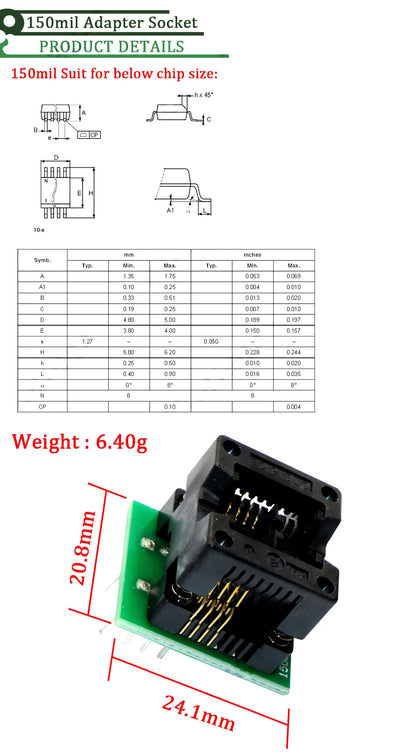Kit Programador USB CH341A 24/25 Series EEPROM Flash BIOS + Clip Test SOIC8/SOP8 + Adaptador 1.8V + Adaptador SOIC8
