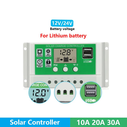 Controlador Carga Solar PWM Y&H 10A/20A/30A Batería Litio/Plomo-Ácido 12V/24V Auto Dual USB Regulador