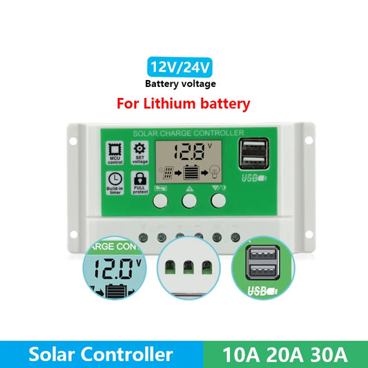 Controlador Carga Solar PWM Y&H 10A/20A/30A Batería Litio/Plomo-Ácido 12V/24V Auto Dual USB Regulador