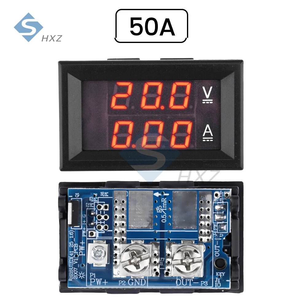 Voltímetro Amperímetro Digital DC (7-100V, 20A/50A Shunt Integrado) - Panel Display LED Dual 0.28"