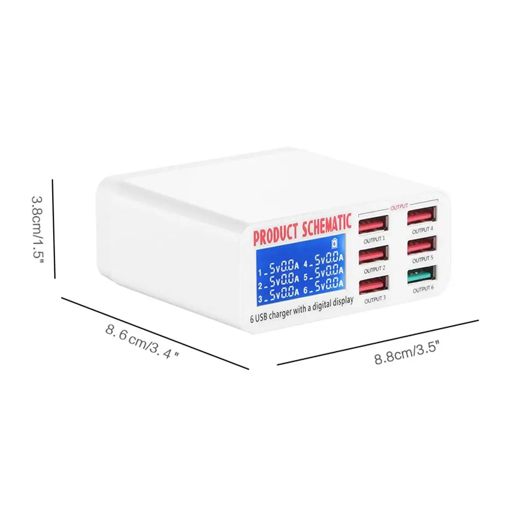 Cargador Escritorio USB 8A QC 3.0 (6 Puertos) con Pantalla LCD Carga Rápida Inteligente para Móvil/Tablet