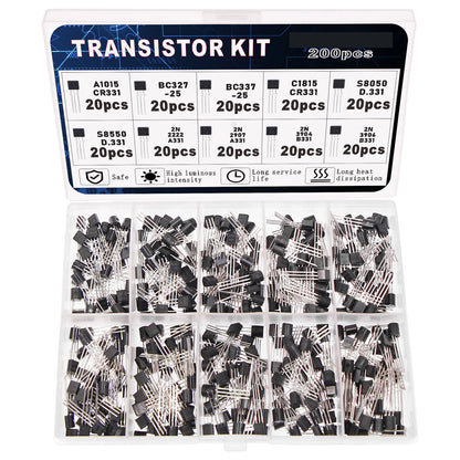 Kit Surtido Transistores BJT TO-92 - 10 Valores (A1015, BC327/337, C1815, S8050/8550, 2N2222/2907) (Total 200 Piezas)