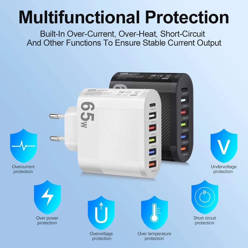 Cargador Pared USB Múltiple 6 Puertos 65W Carga Rápida Alta Velocidad (PD, QC 3.0) Adaptador Móvil para Huawei Mate 60/Xiaomi 13