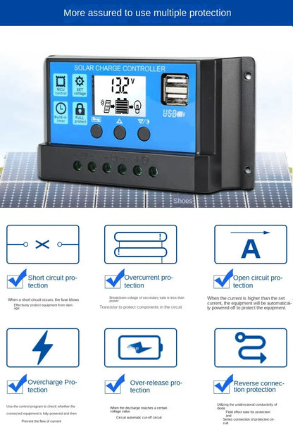 Controlador Carga Panel Solar 12V/24V PWM/MPPT 10A-30A Cargador Batería Auto Regulador USB 5V Max PV 50V