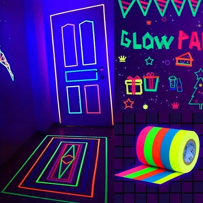 Cinta Tela Neón Fluorescente Gaffer (Brilla Oscuridad UV Blacklight) para Fiesta/Manualidades (Pack 6 Rollos)