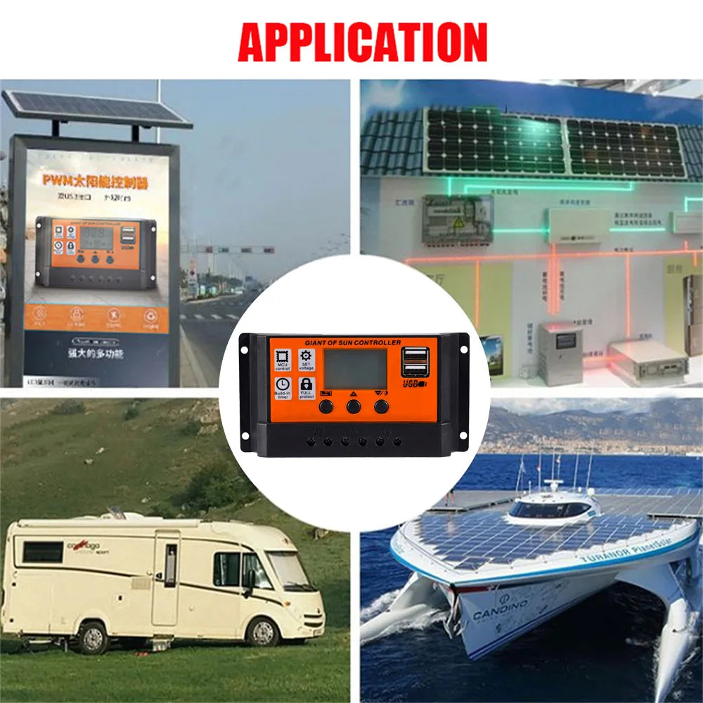 Controlador Carga Solar PWM 30A/60A/100A Auto Dual USB LCD Display 5V Regulador Batería Panel