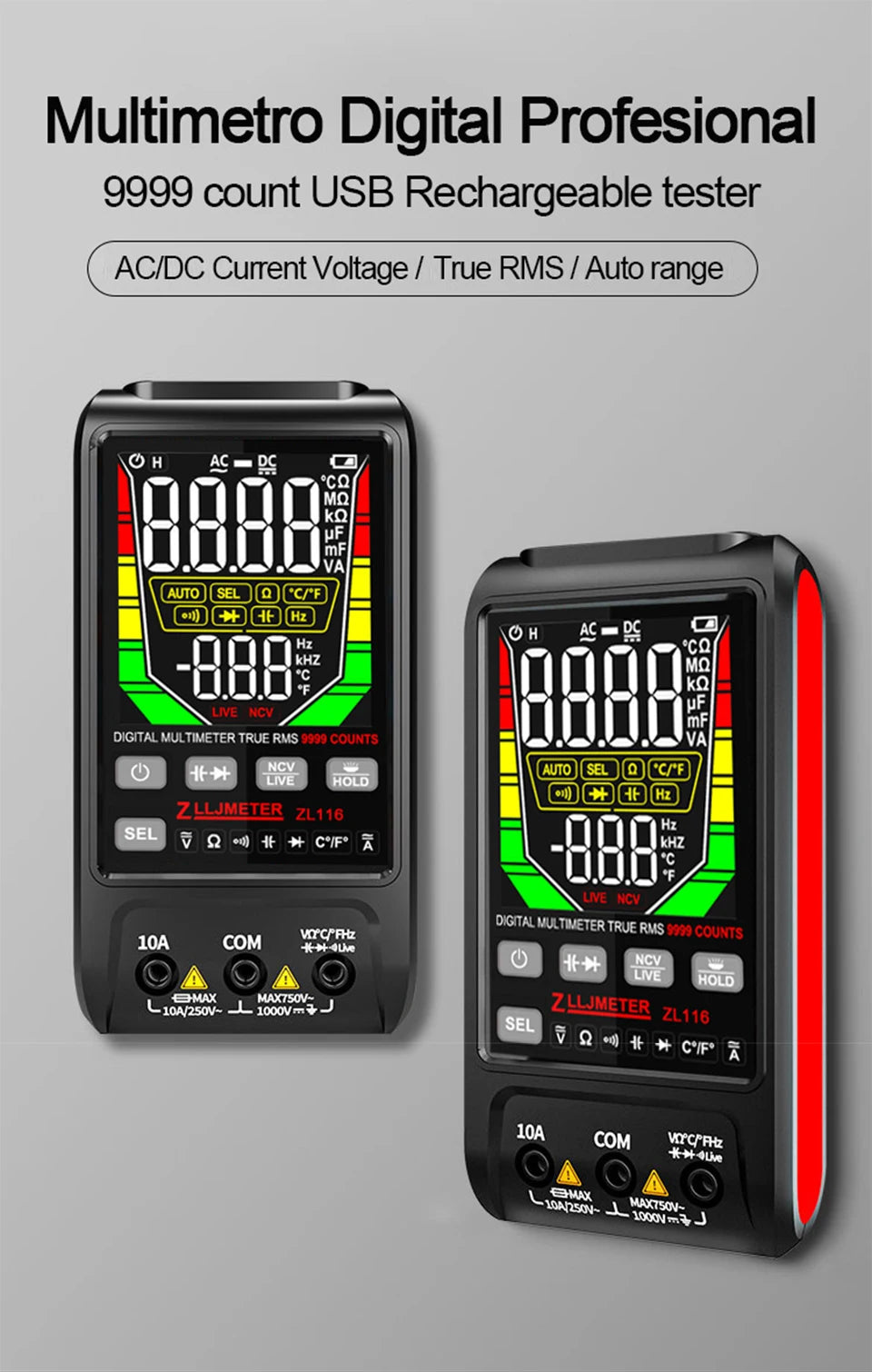Multímetro Digital Inteligente USB (9999 Cuentas) - Pantalla Grande, AC/DC, Capacitancia, Ohm, Hz, Temp
