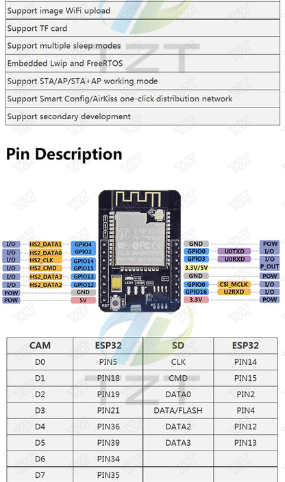 Placa Desarrollo DIYTZT ESP32 (ESP-32/ESP-32S/ESP32-CAM/ESP-WROOM-32) WiFi + Bluetooth Doble Núcleo Bajo Consumo