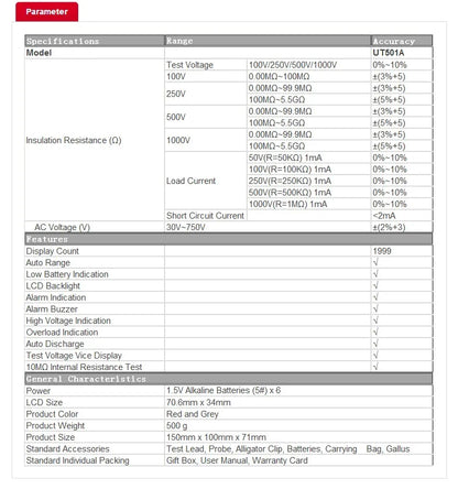 Probador Resistencia Aislamiento UNI-T UT501A/UT501C/UT502A/UT502C - Megóhmetro Digital Ohm Tester, Auto Rango, Backlight