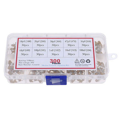 Kit Surtido Capacitor Cerámico Monolítico (10pF-100nF, 50V, 10 Valores) con Caja - Pack 300 Piezas