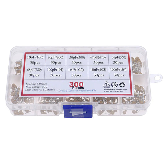 Kit Surtido Capacitor Cerámico Monolítico (10pF-100nF, 50V, 10 Valores) con Caja - Pack 300 Piezas
