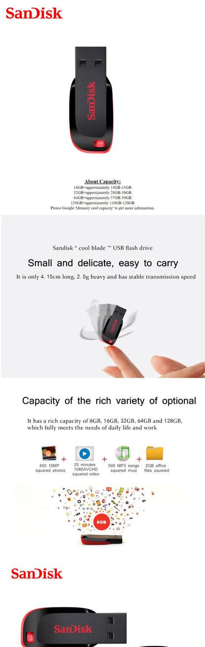 Memoria USB Flash Drive Pendrive Sandisk Mini (16GB/32GB/64GB/128GB) USB 2.0 Stick Disk-on-Key para Teléfono