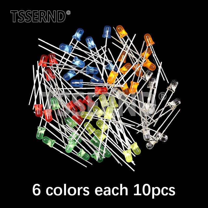 Kit Surtido Diodo LED F3 (3mm) Colores (Blanco/Verde/Rojo/Azul/Amarillo/Naranja/Rosa/Púrpura/Blanco Cálido) DIY (60/100 Piezas)