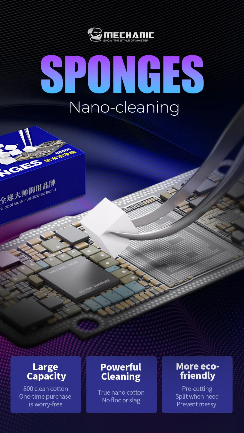 Esponja Limpieza Nano Mechanic NC800 (Sin Residuos) para Pantalla Teléfono/PCB/Vidrio Trasero/Cámara/Flux Soldadura