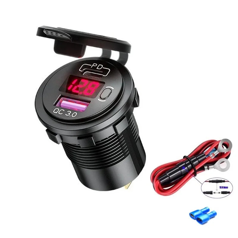 Cargador USB Auto/Camión PD 60W + QC 3.0 con Switch LED Voltímetro 12V/24V Carga Rápida