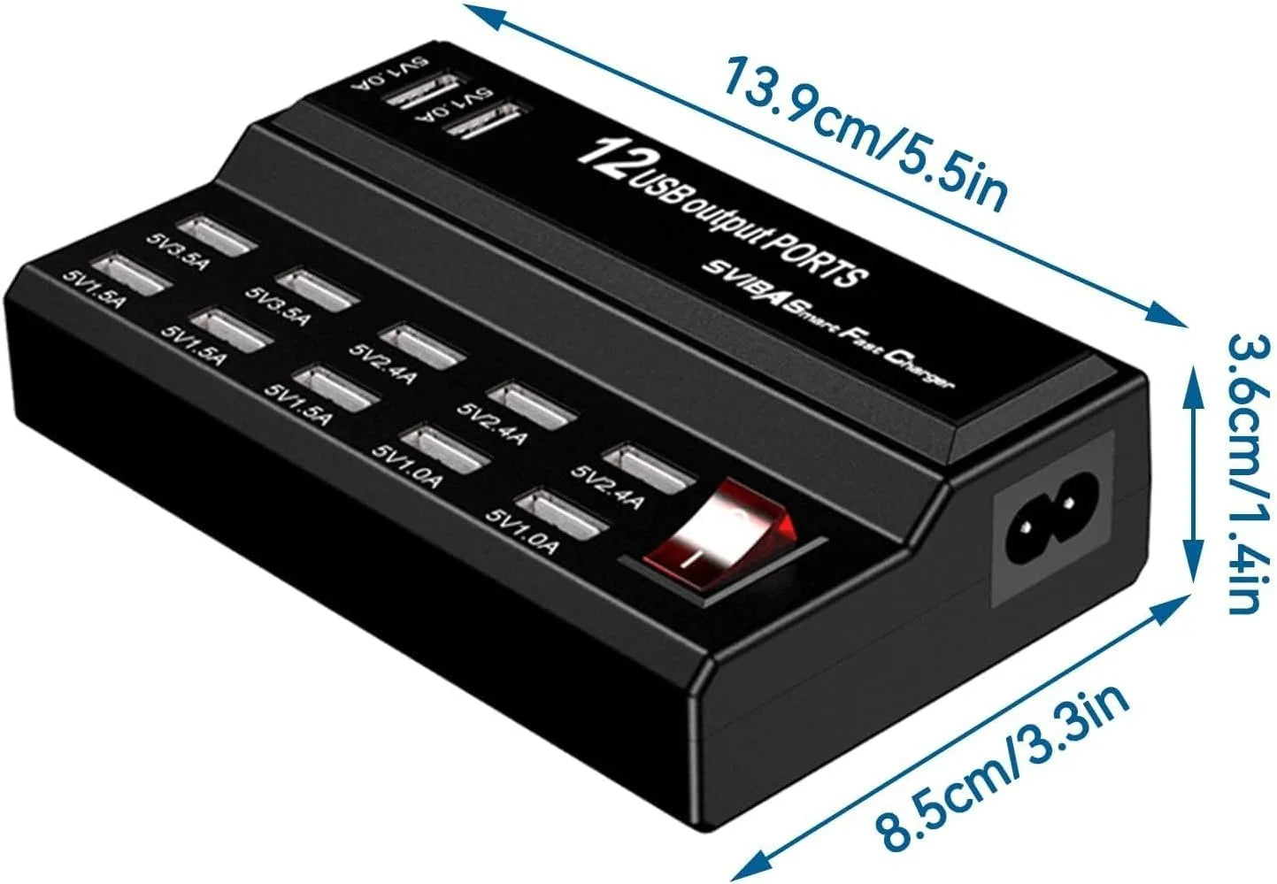 Estación Carga USB Escritorio 12 Puertos Hub Múltiple Adaptador para Teléfono Móvil/Dispositivos USB