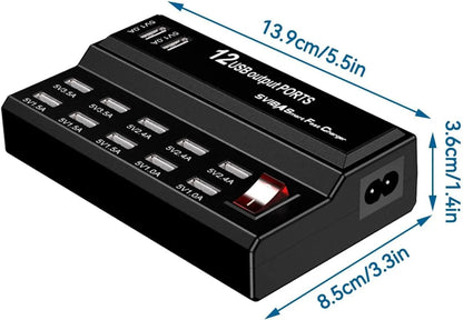 Estación Carga USB Escritorio 12 Puertos Hub Múltiple Adaptador para Teléfono Móvil/Dispositivos USB