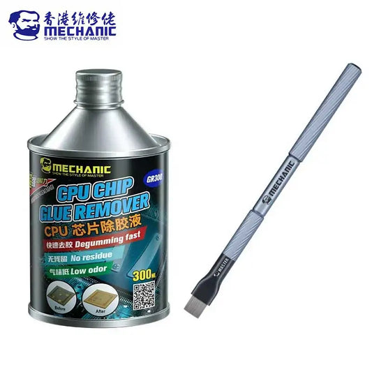 Líquido Removedor Pegamento CPU MECHANIC GR300 (300ml) con Cepillo Limpieza para IC (Inmersión 20 min) Herramienta Reparación Teléfono