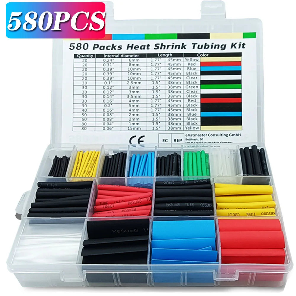 Kit Tubo Termoretráctil 2:1 Envoltura Cable Aislante Protección Conexión (127/530/580 Piezas) (Opción Pistola Aire Caliente)