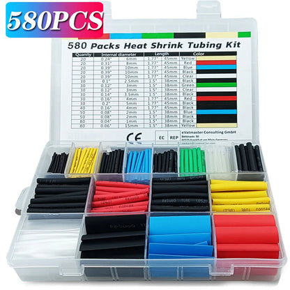 Kit Tubo Termoretráctil 2:1 Envoltura Cable Aislante Protección Conexión (127/530/580 Piezas) (Opción Pistola Aire Caliente)