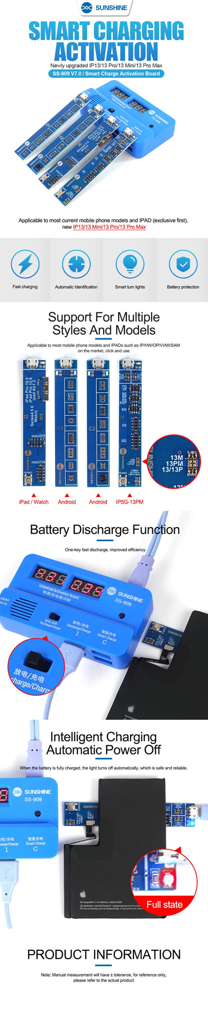 SUNSHINE SS-909 Universal Battery Charging Activation Board Tester Fast Charging Plate For iPhone ipad Android Phone Repair