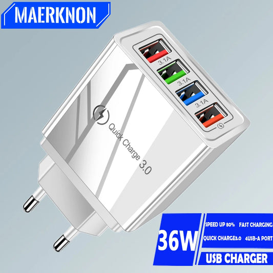 Cargador Pared USB 4 Puertos Quick Charge 3.0 Carga Rápida para iPhone 15/14/Samsung/Xiaomi (Enchufe EU/US)