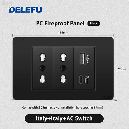 Enchufe Pared Delefu Italia/Chile PC Negro USB-C Carga Rápida + Schuko + Switch Smart Tuya WiFi + SAT/TV/TEL/Timbre