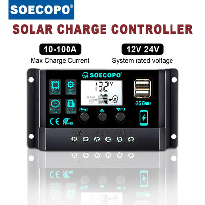 Controlador Carga Solar 100A 12V/24V AutoSwitch LCD Protección Sobrecarga/Cortocircuito para RV/Bote/Off-Grid