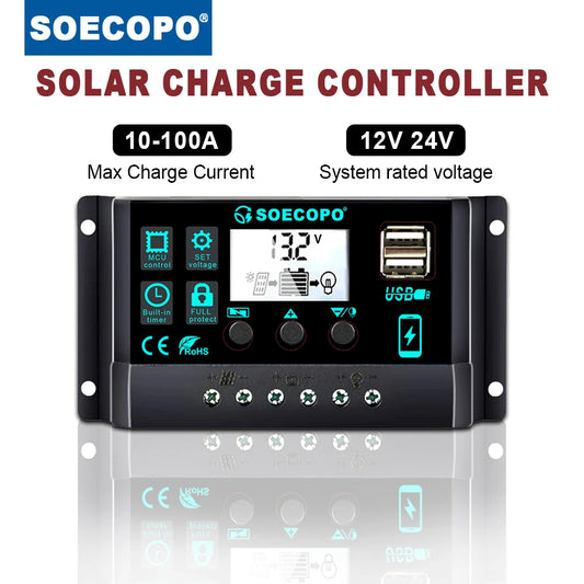 Controlador Carga Solar 100A 12V/24V AutoSwitch LCD Protección Sobrecarga/Cortocircuito para RV/Bote/Off-Grid