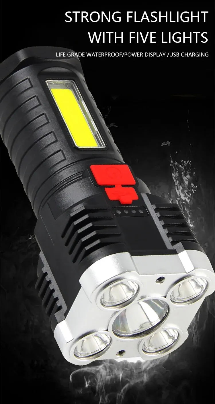 Linterna LED Alta Potencia (5 LEDs) Recargable Foco Camping con Luz Lateral (3 Modos) para Aventura Exterior