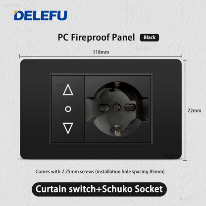 Enchufe Pared Delefu Italia/Chile PC Negro USB-C Carga Rápida + Schuko + Switch Smart Tuya WiFi + SAT/TV/TEL/Timbre
