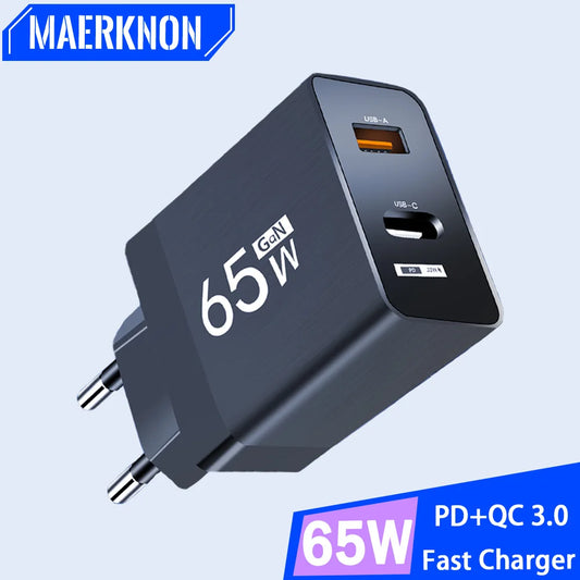Cargador Pared USB PD GaN 65W Doble Puerto (Tipo C + USB QC3.0) Adaptador Carga Rápida Móvil para iPhone/Samsung/Xiaomi