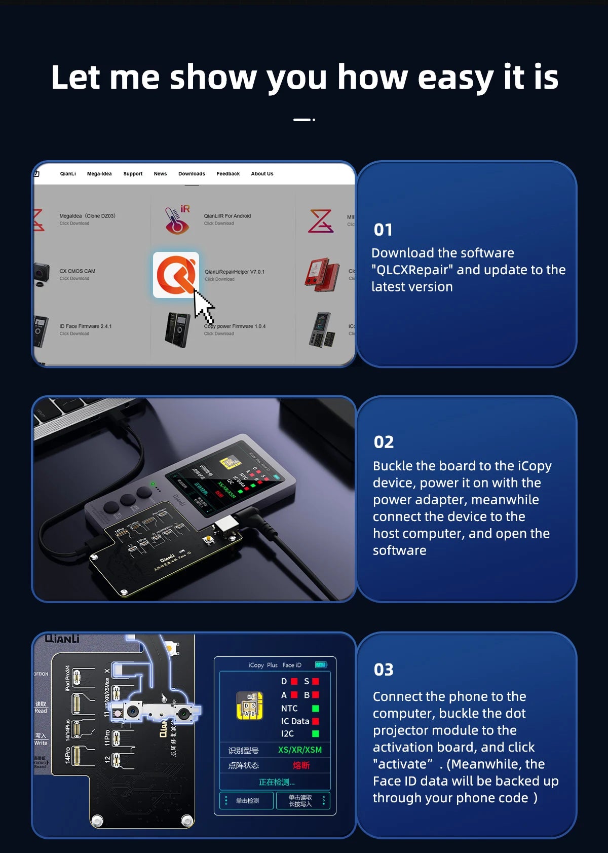 QIANLI iCopy Plus 2.3v 2025 Face ID Adaptor & Flex For X-14 PM Series Dot Matrix Recovery Activation Board Repair Tools