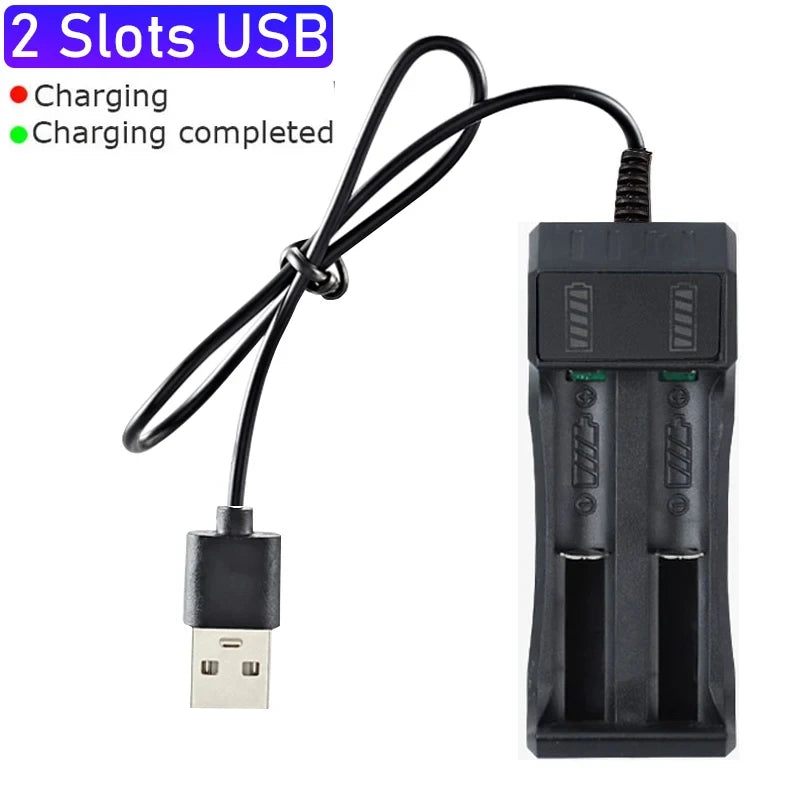 Cargador USB Baterías Litio Recargables 18650 (1/2/4 Ranuras, 3.7V) para 16340/14500/18650