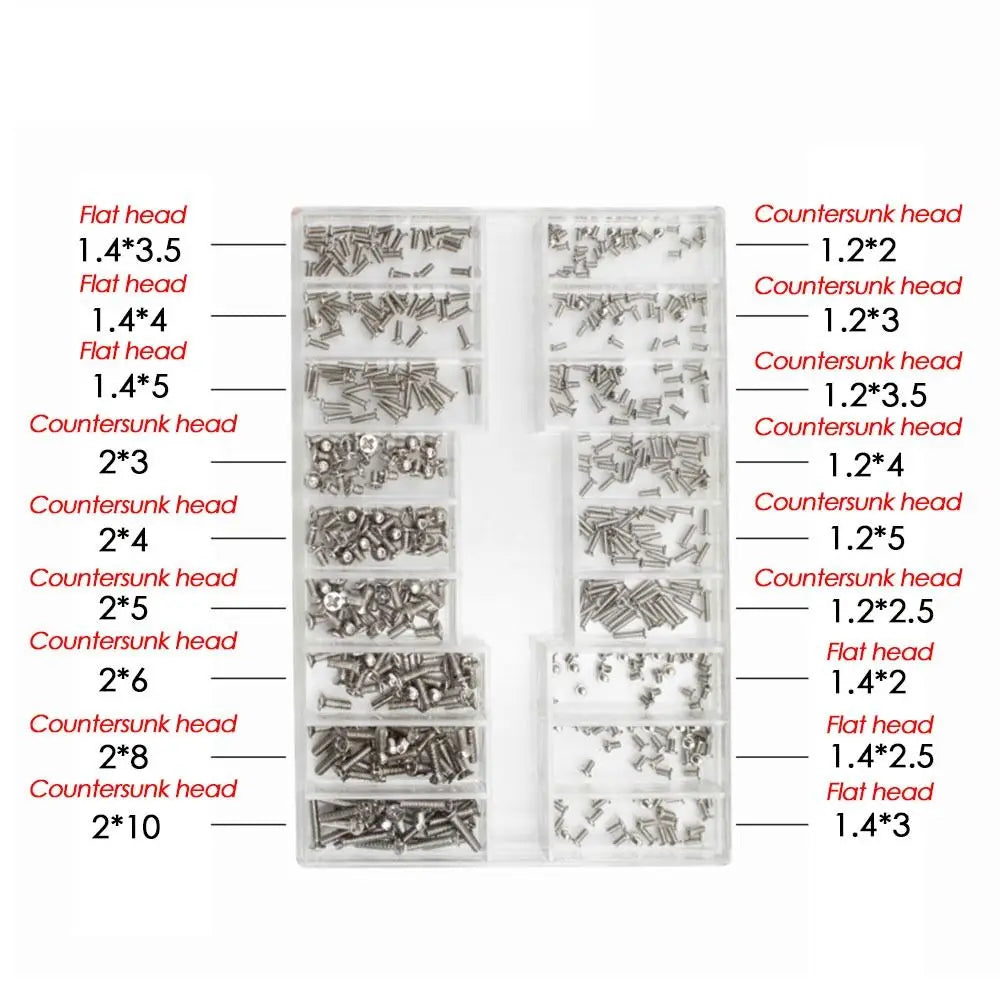 Set Mini Tornillos Acero Inoxidable 18 Tamaños para Reloj/Gafas/Electrónica Accesorio Reparación (500 Piezas)