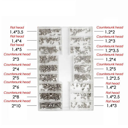 Set Mini Tornillos Acero Inoxidable 18 Tamaños para Reloj/Gafas/Electrónica Accesorio Reparación (500 Piezas)