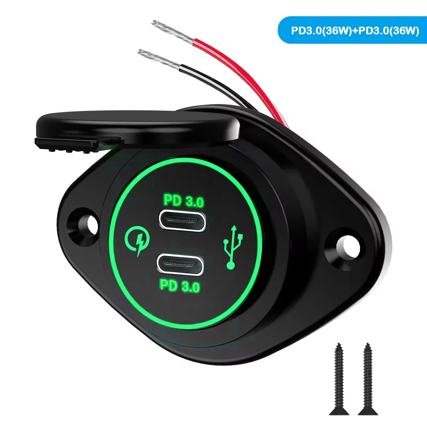 Panel Salida USB RV 12V PD 36W (USB-C) + QC3.0 18W (USB-A) Socket Cargador Auto Carga Rápida