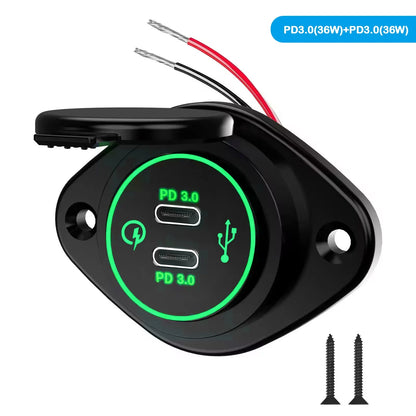 Panel Salida USB RV 12V PD 36W (USB-C) + QC3.0 18W (USB-A) Socket Cargador Auto Carga Rápida