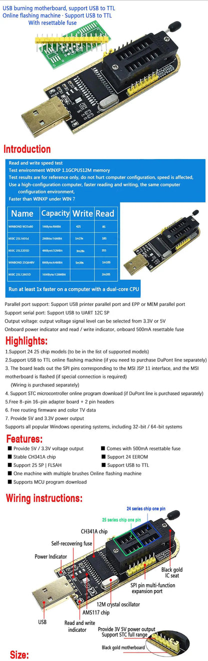 Kit Programador USB XTW100 (CH341) 24/25 Series EEPROM Flash BIOS + Clip Test SOIC8/SOP8